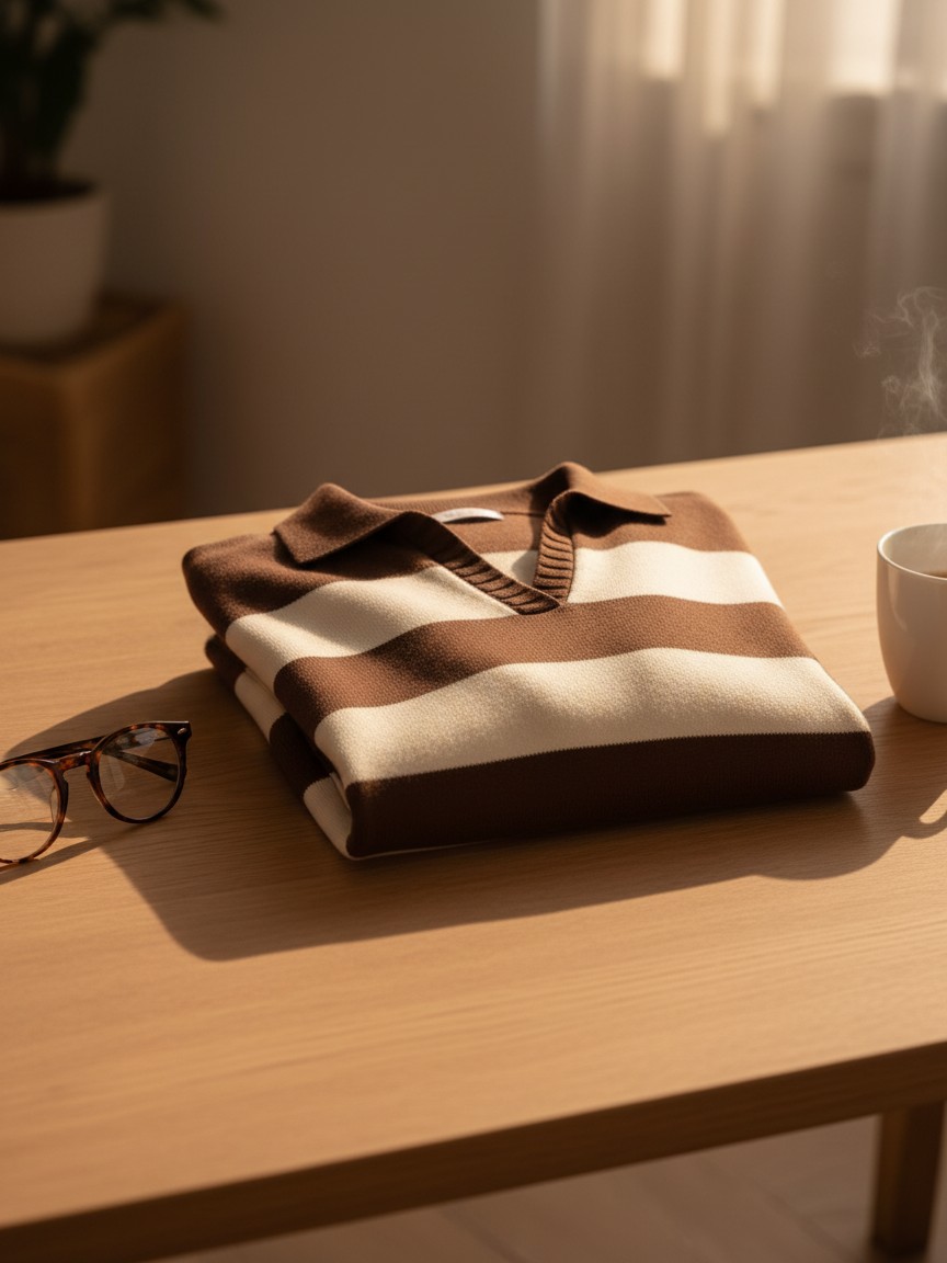 Dámsky pruhovaný POLO pulóver SHEEP FASHION MILK CHOCOLATE Hnedý s.WEAR 10